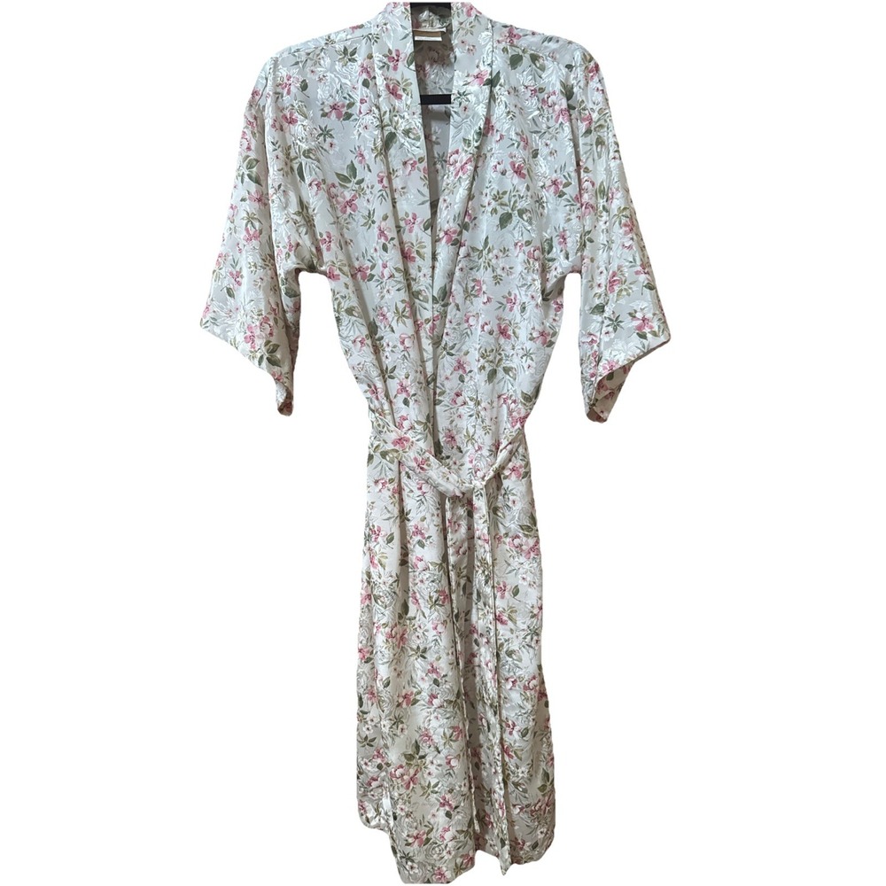 Inner Most Vintage Floral Jacquard Robe Cream Pink Kimono Style Made in USA S‎